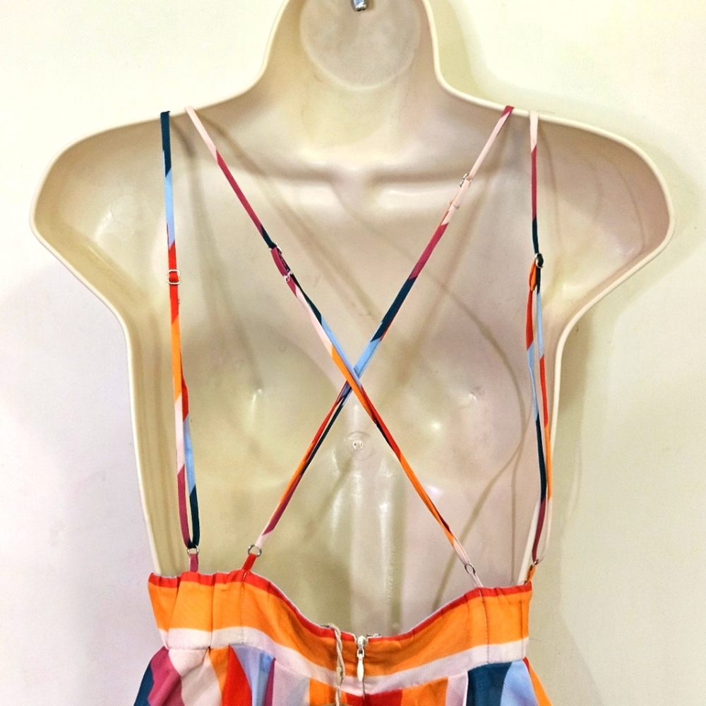 ESSUE Red/Orange Multi-Color Striped Deep Plunge Strappy Mini Dress,Large,NWT - Picture 6 of 16